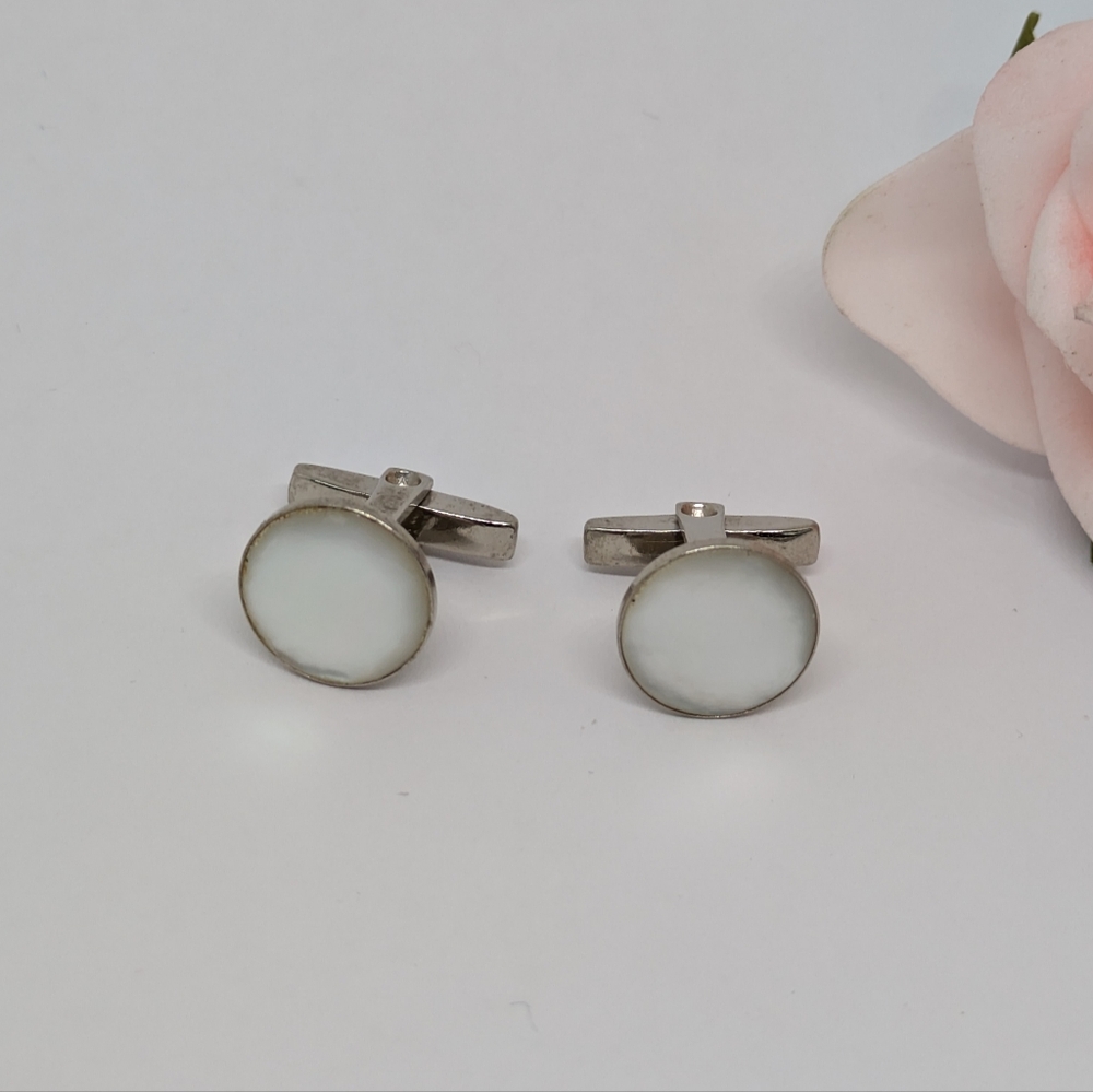 Vintage Woolno Silver Tone & White Mother-of-Pearl Cufflinks Formal Wedding Prom